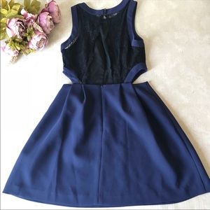 BCBG Generation navy blue mesh detail laced feminine open back cocktail dress